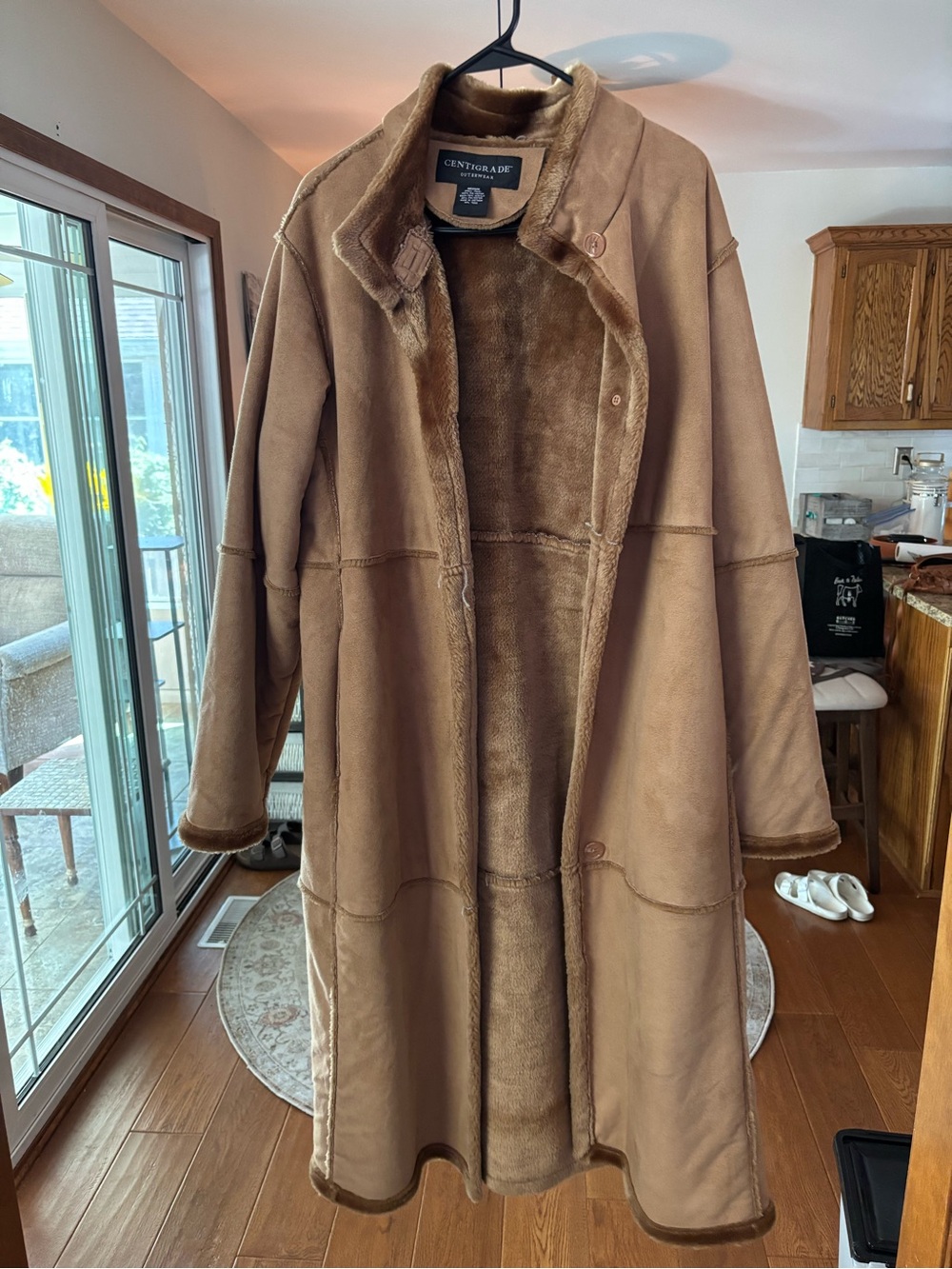 Women's Long Faux Shearling Pea Coat in Light Brown